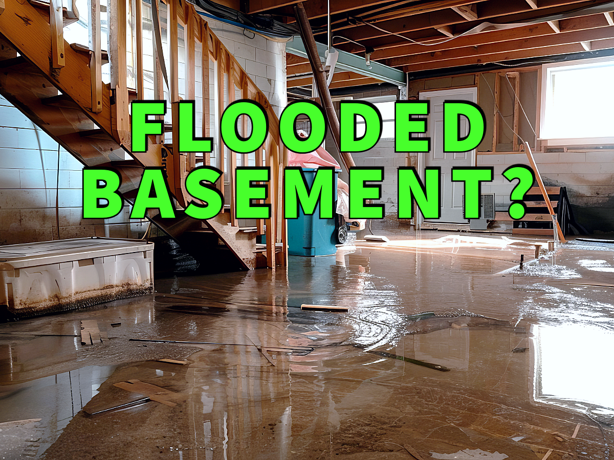 flooded basement written in green over picture of standing water on concrete at the base of wooden stairs