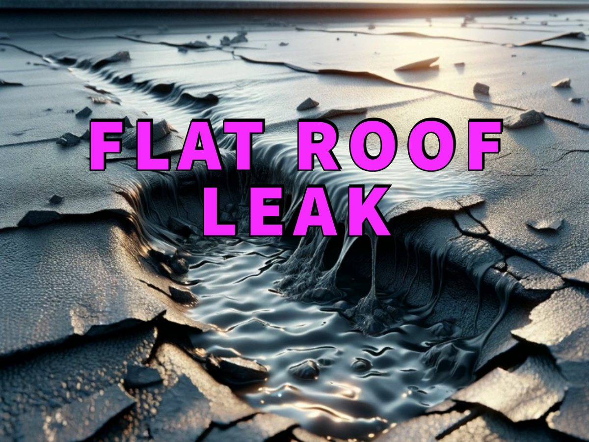 Flat roof leak written in purple over image of water flowing into crevice in a flat roof