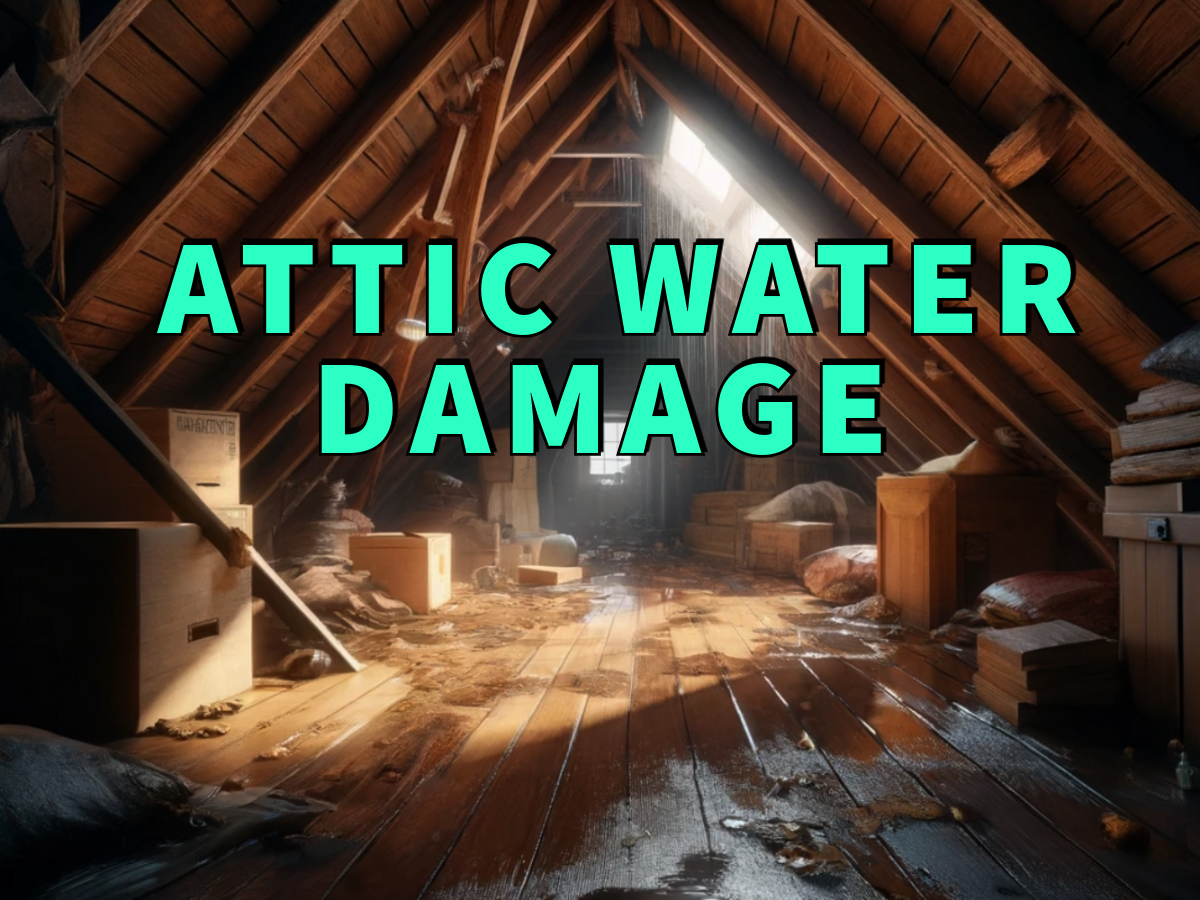 Attic water damage written in bright turquoise over image of water entering attic through broken roof