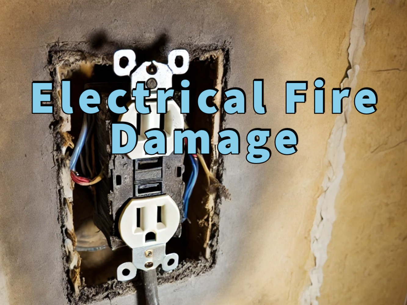 electrical fire damage written in blue over exposed electrical socket